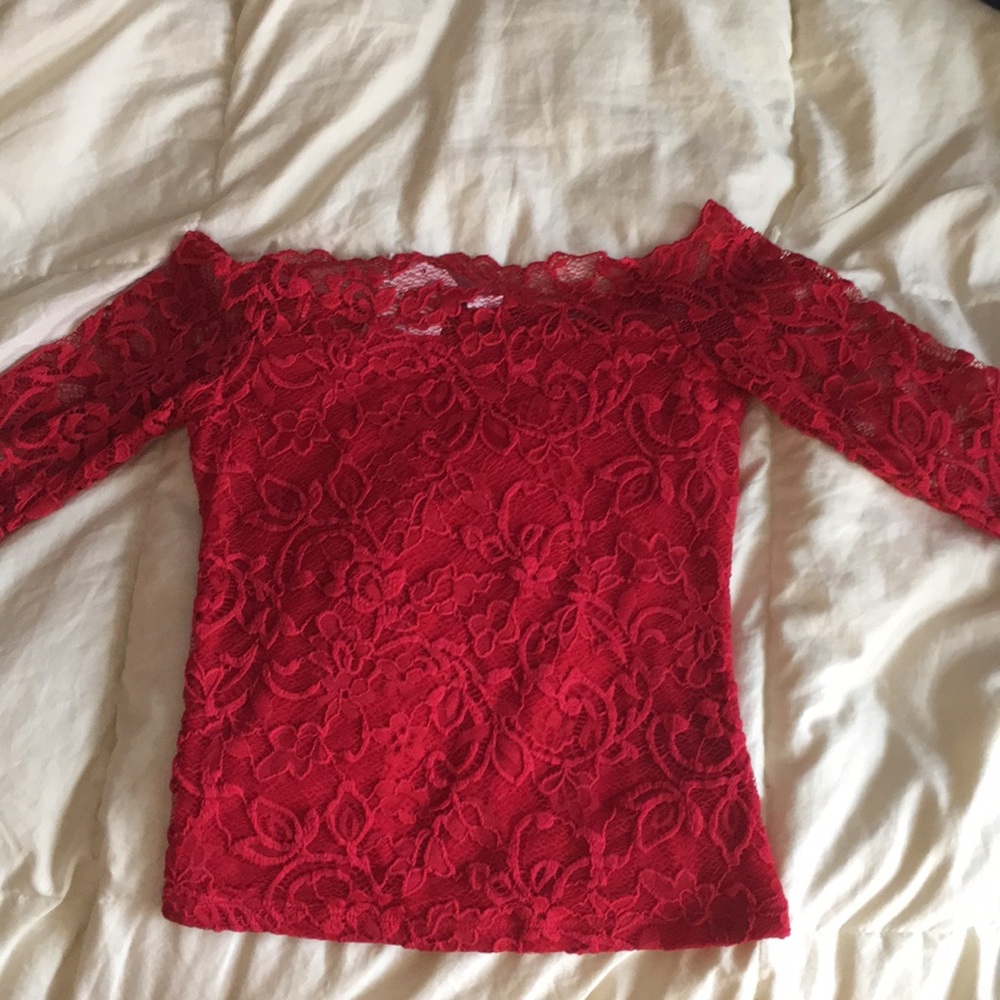 Red Off-the-Shoulder Lace Shirt